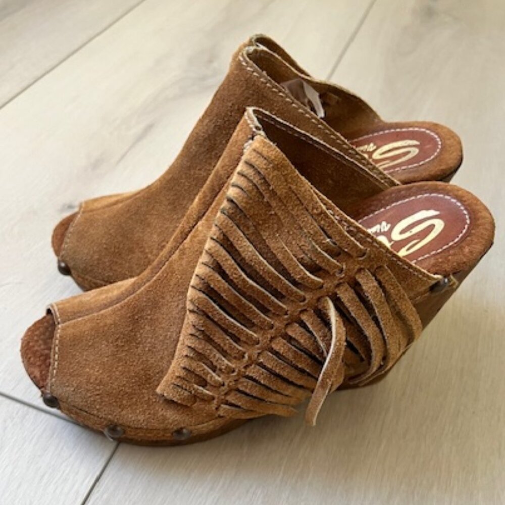 Sbicca Vintage Collection Leather Fringe Festival Wedge Peep Toe Sandal Size 7